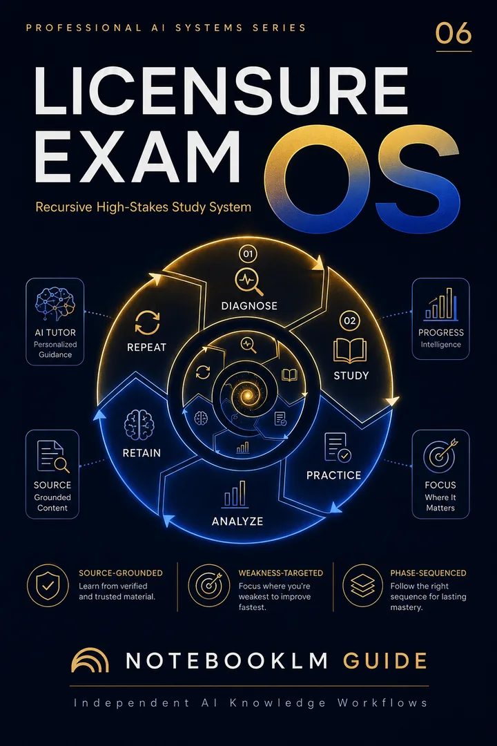 Licensure Exam OS book cover showing a recursive high-stakes study system